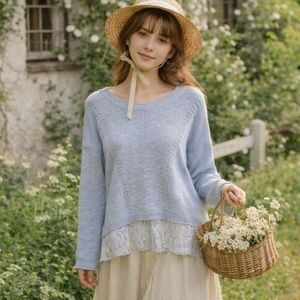 Keren Hart knit crochet lace lightweight sweater drop shoulder blue small